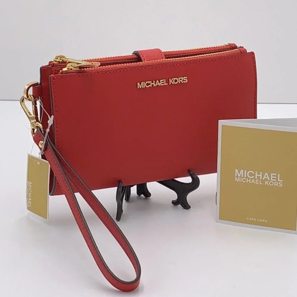 Michael Kors Large Double Zip Wristlet Leather Flame Color - Picture 1 of 16